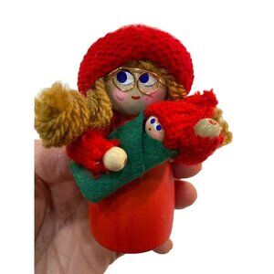Vintage 4" Wooden Swedish Tomte Girl with Glasses Handmade Holding Baby